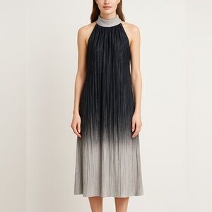Samuel Dong Shimmer Pleated Midi Length Dress in Silver Black